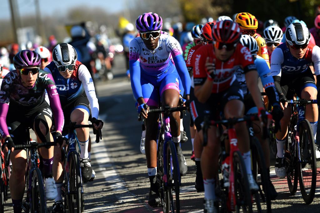 NINOVE BELGIUM FEBRUARY 26 Teniel Campbell of Trinidad And Tobago and Team BikeExchange Jayco competes during the 17th Omloop Het Nieuwsblad 2022 Womens Race a 128km race from Ghent to Ninove OHN22 FlandersClassic WorldTour on February 26 2022 in Ninove Belgium Photo by Luc ClaessenGetty Images
