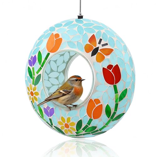 Savenna Mosaic Glass Hanging Bird Feeder, 8 Inch Handcrafted Outdoor Feeder With Steel Wire Rope, Decorative Garden &amp;amp; Patio Feeder for Wild Birds, Colorful Floral Mosaic Design