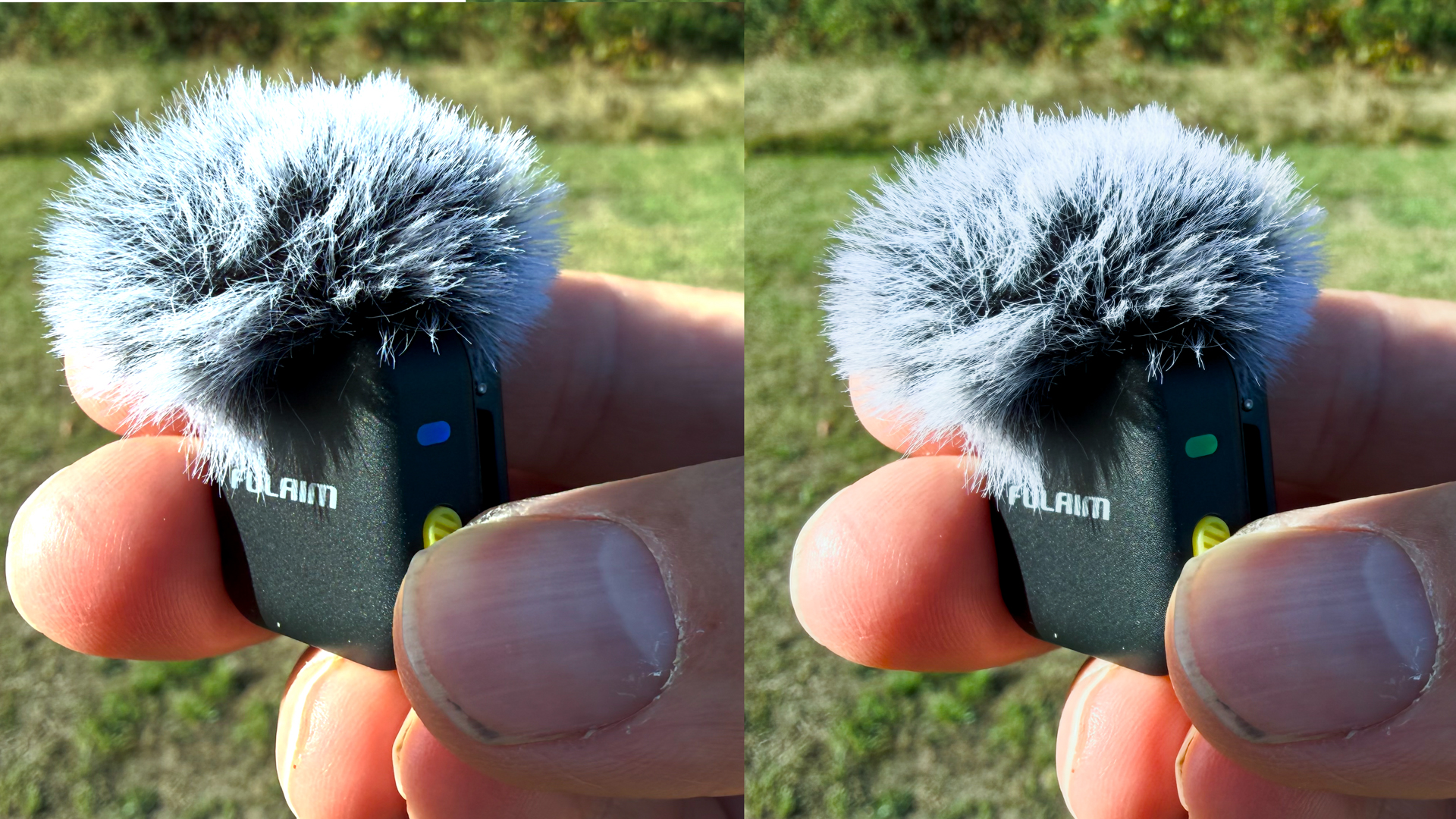 Pressing the yellow button on a transmitter activates AI-powered noise cancellation. The blue status light turns green when AI noise cancellation is active.