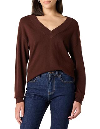 The Drop Women’s Maye Essential V-Neck Sweater, Burgundy Truffle, Xs