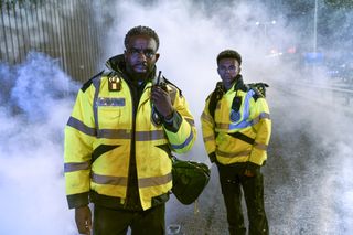 Jacob and Teddy in a foggy tunnel call for backup.