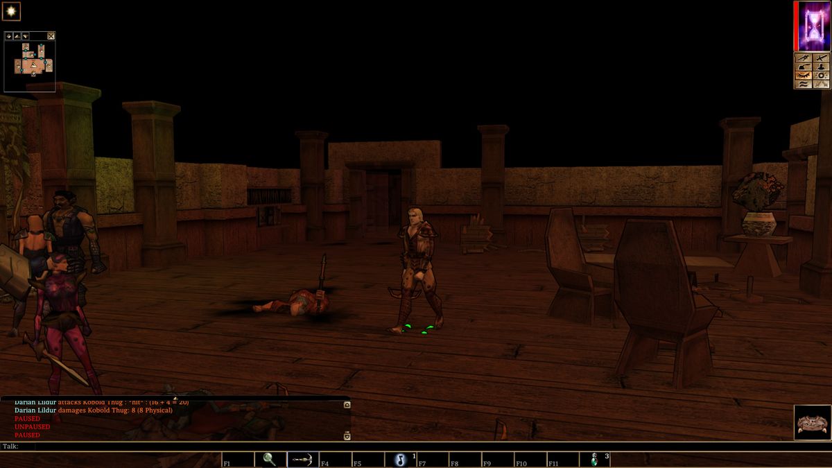 Neverwinter Nights interior with new toon mode enabled, adding thick comic book lines around many characters and objects