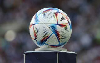 Qatar World Cup 2022 kick-off times: Adidas match ball Al Rihla for the FIFA World Cup Qatar 2022 is pictured prior to kick off of the UEFA Nations League League A Group 3 match between Germany and Italy at Borussia Park Stadium on June 14, 2022 in Moenchengladbach, Germany.