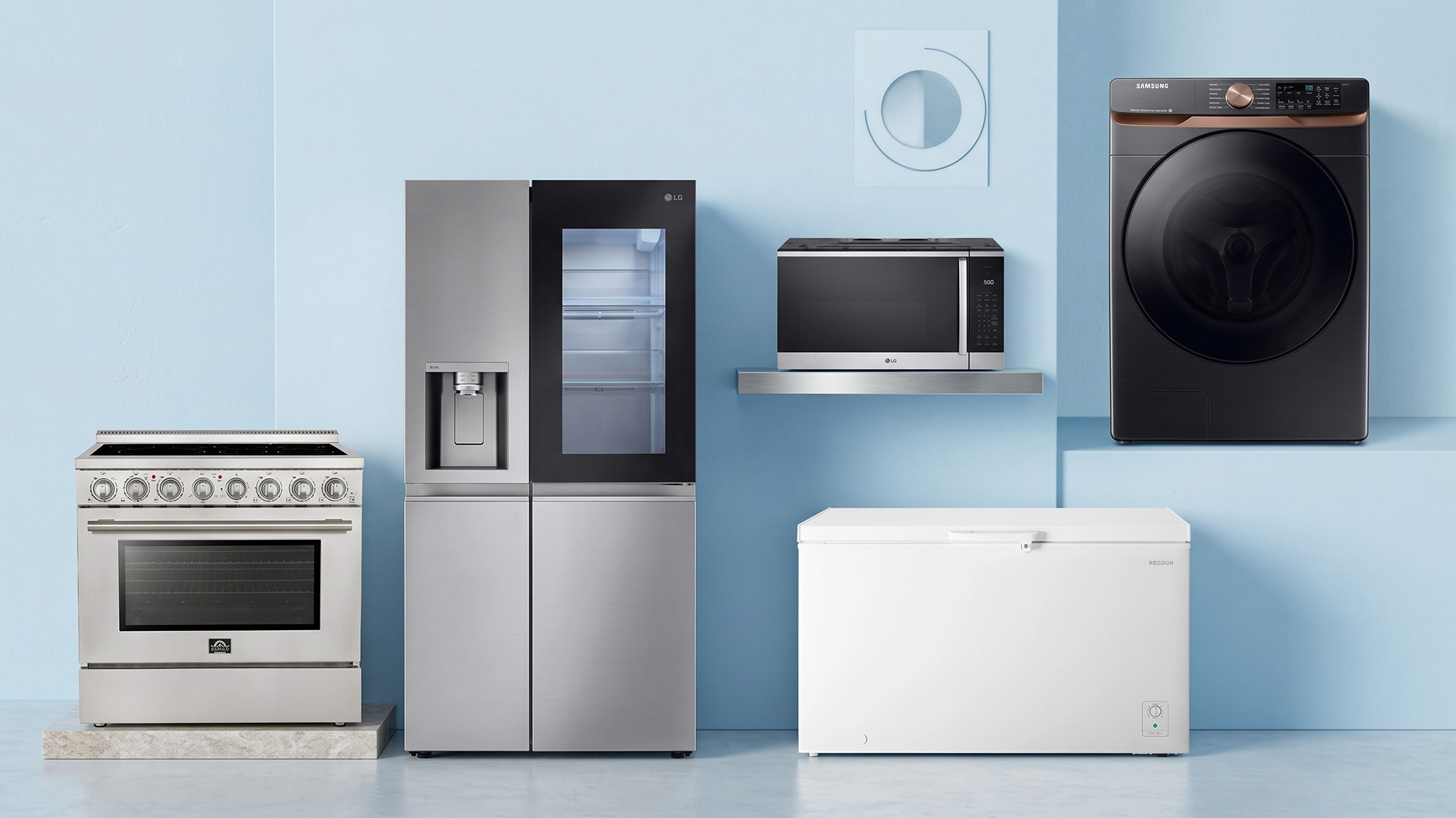 A selection of home appliances on a blue background.