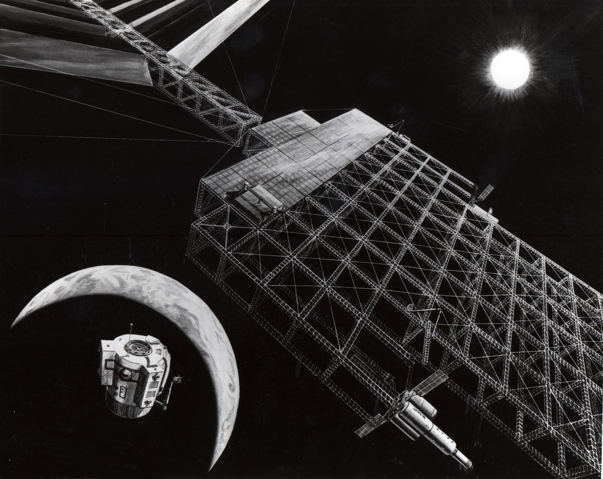 A black and white photo showing a satellite in space with the sun in the background