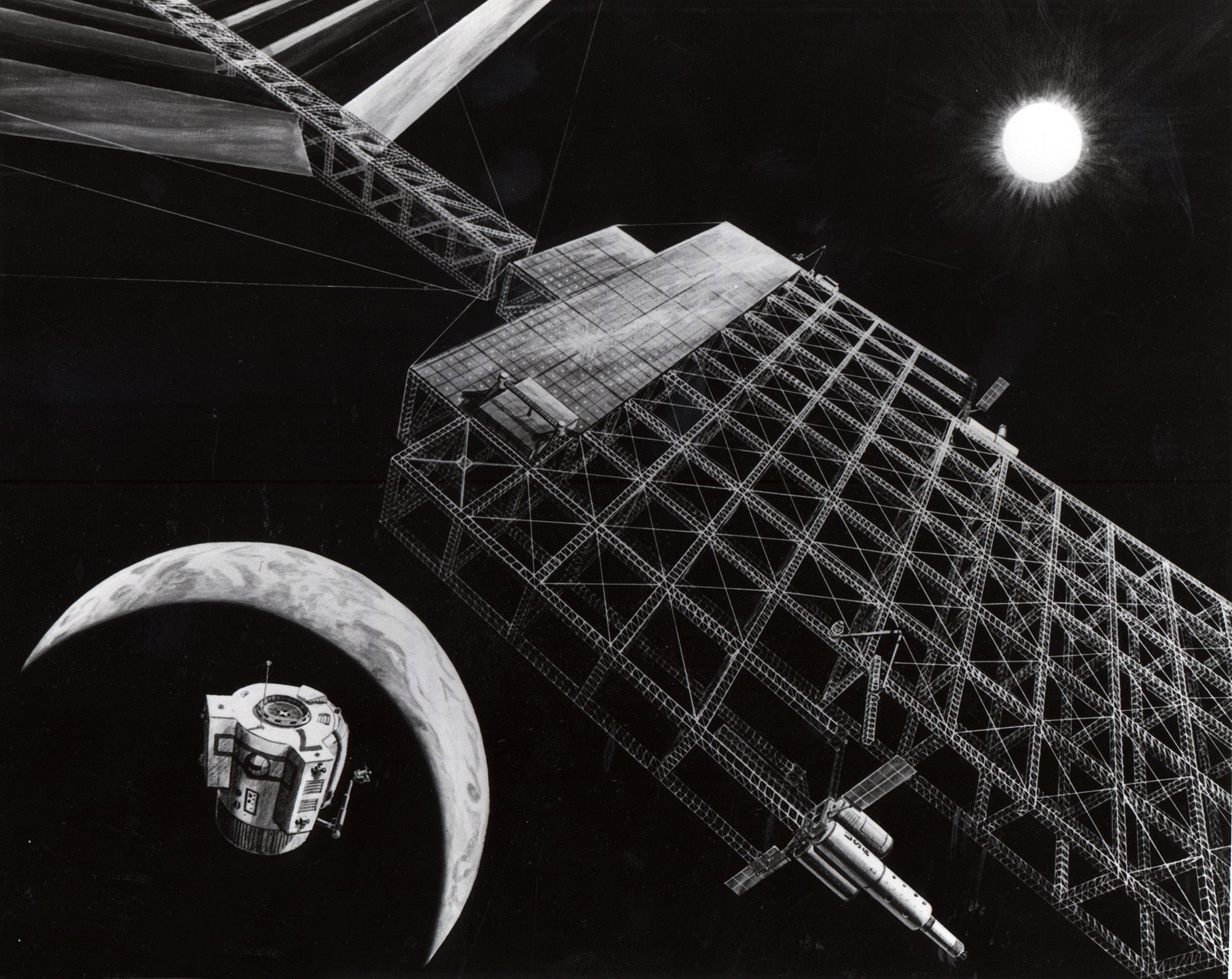 A black and white photo showing a satellite in space with the sun in the background