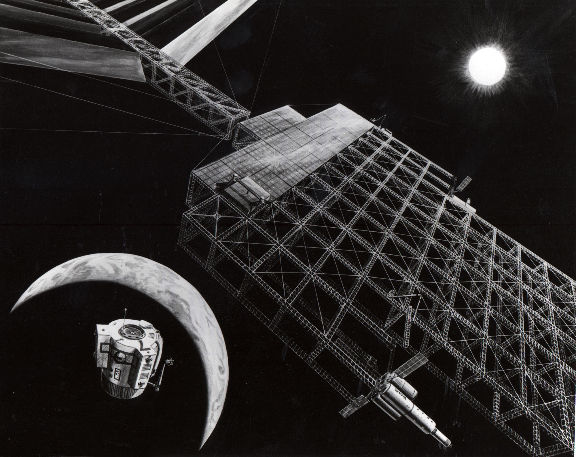 A black and white photo showing a satellite in space with the sun in the background