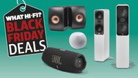 Black Friday header with speakers on green background