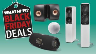 Black Friday header with speakers on green background