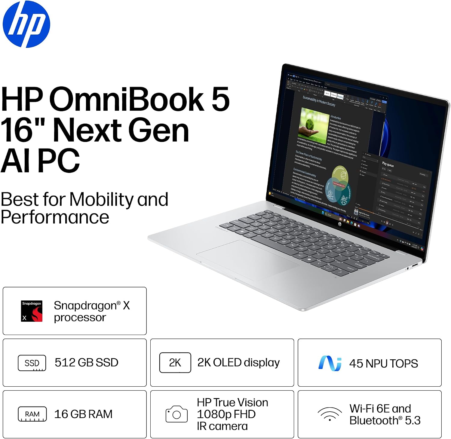 HP promotion for the silver OmniBook 5 16-inch next-gen AI PC, shown open with apps on screen; highlights Snapdragon X, 512 GB SSD, 2K OLED, 16 GB RAM, and mobility.