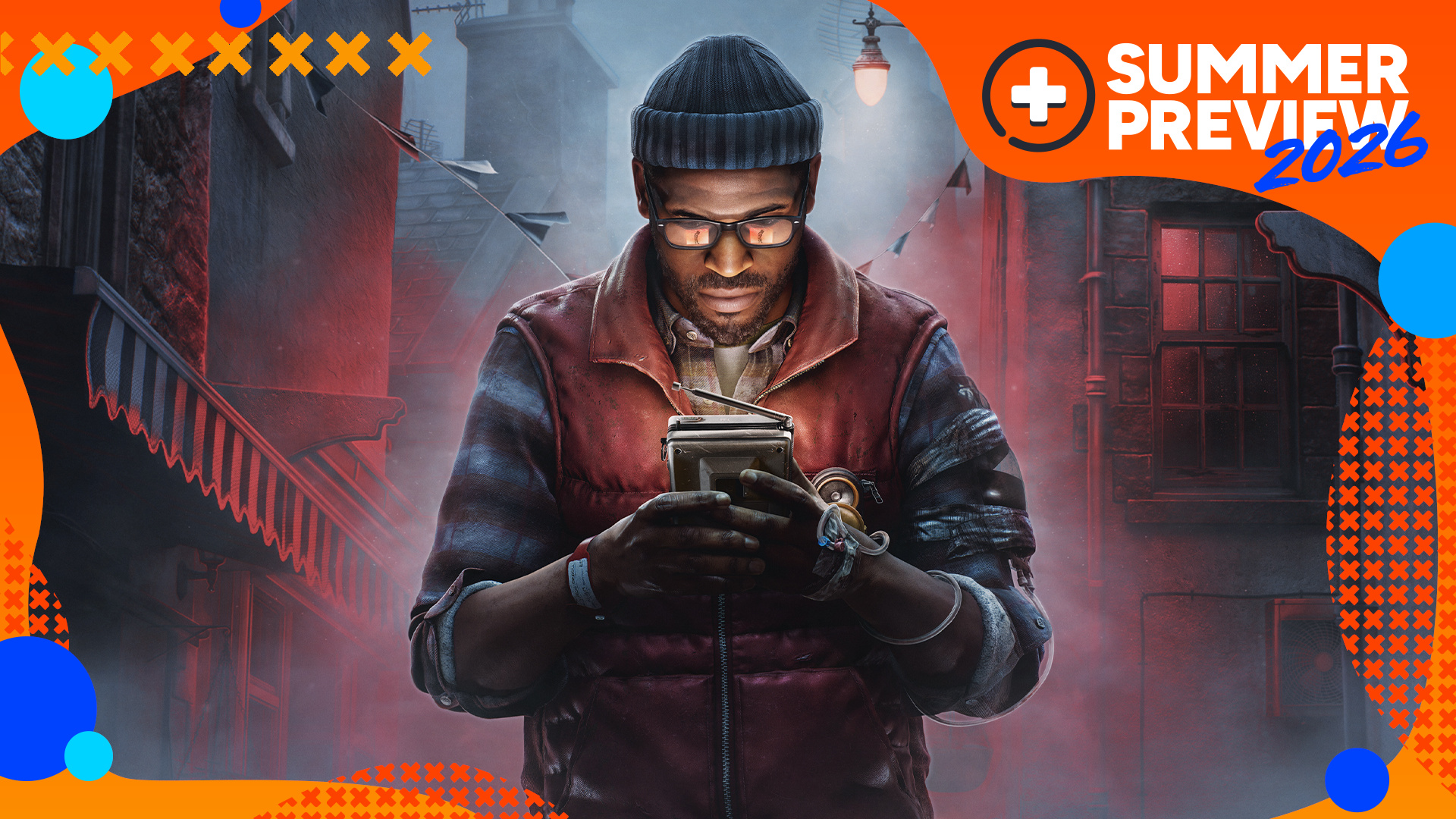 Simon Ordell looks at a gadget in his hands in a dark, misty town in key art for Silent Hill Townfall, cropped for a header, with the orange GamesRadar+ Summer Preview 2026 frame