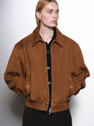 Lambskin Suede Bomber Jacket, Cognac