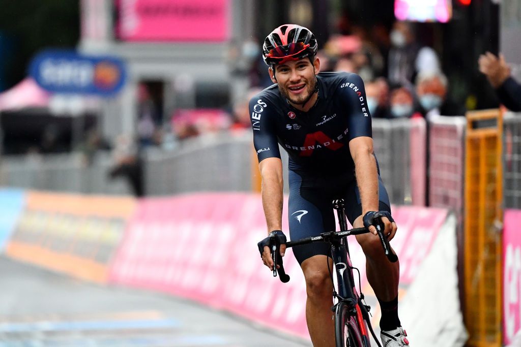 CAMIGLIATELLO SILANO ITALY OCTOBER 07 Arrival Filippo Ganna of Italy and Team INEOS Grenadiers Celebration during the 103rd Giro dItalia 2020 Stage 5 a 225km stage from Mileto to Camigliatello Silano 1275m girodiitalia Giro on October 07 2020 in Camigliatello Silano Italy Photo by Stuart FranklinGetty Images