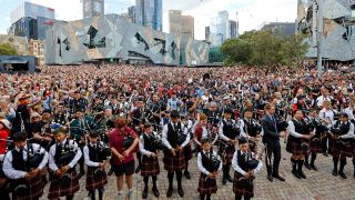 Bagpipers seen performing during a record-breaking attempt at Federation Square in Melbourne Bagpipers gather at Federation Square in Melbourne to take part in a record-breaking attempt for the world's largest bagpipe ensemble. 