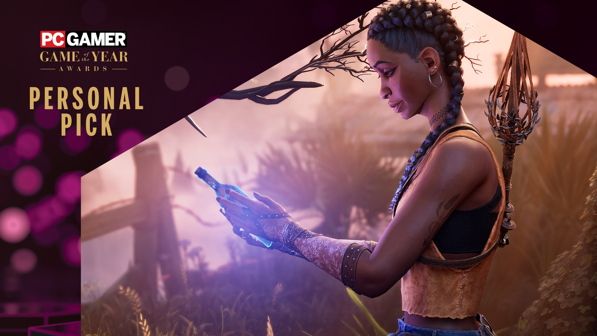 Hazel Flood from South of Midnight holding a glowing blue bottle with the PC Gamer "Personal Pick GOTY" banner overlay on top.