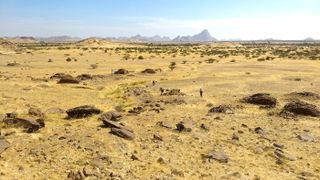 A landscape view of scatters of qubba tombs around an area known as Jebel Maman.
