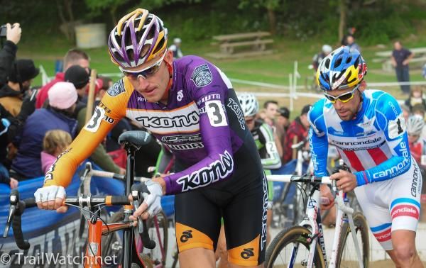 Ryan Trebon (Kona) leading Tim Johnson over the barriers