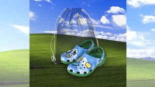 Windows XP themed crocs in front of the Bliss wallpaper.