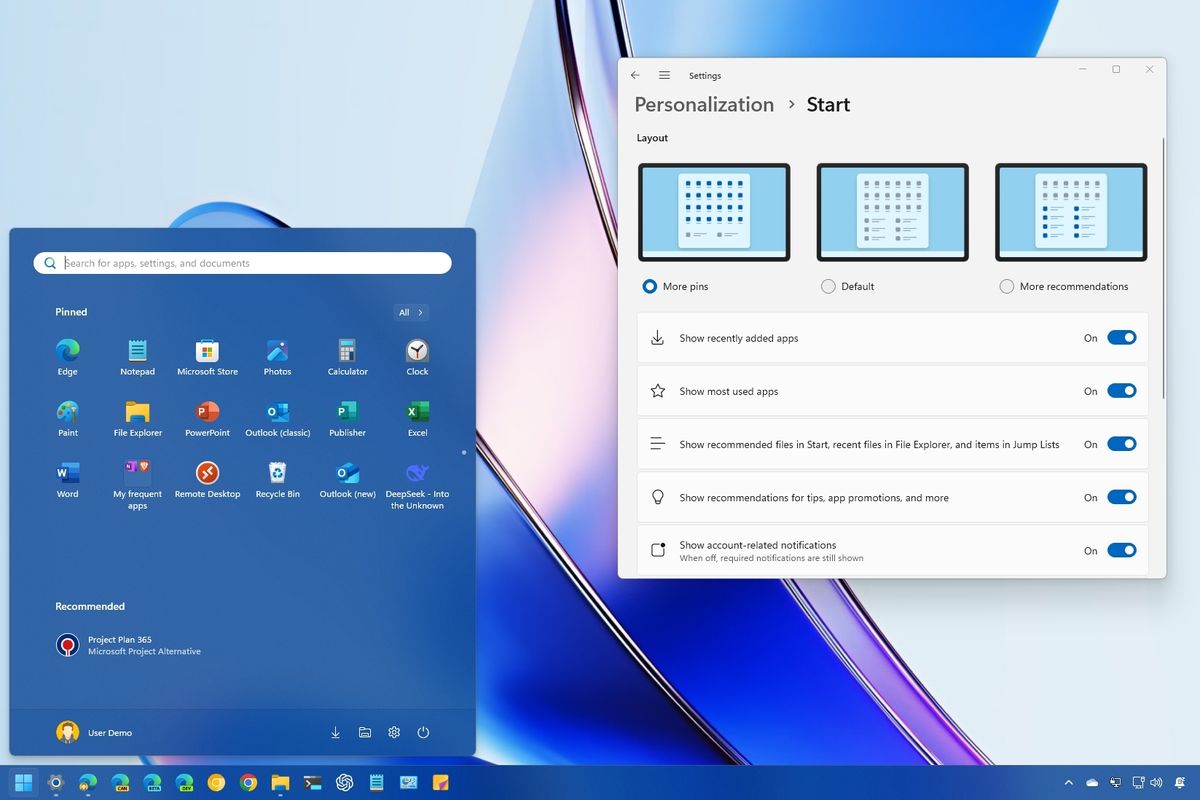 Windows 11 Start menu customization settings