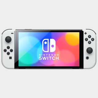 Nintendo Switch OLED with logo on screen and grey backdrop