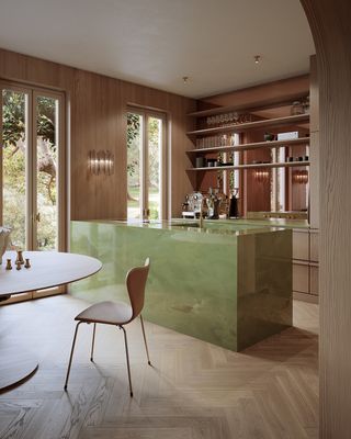 jade green kitchen island in a wood kitchen