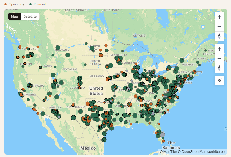 A map showing planned and completed data center projects in the US