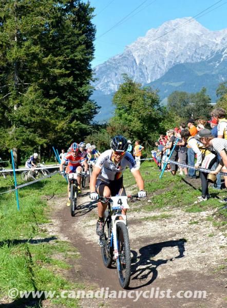 Sabine Spitz (Germany) near the front at the start