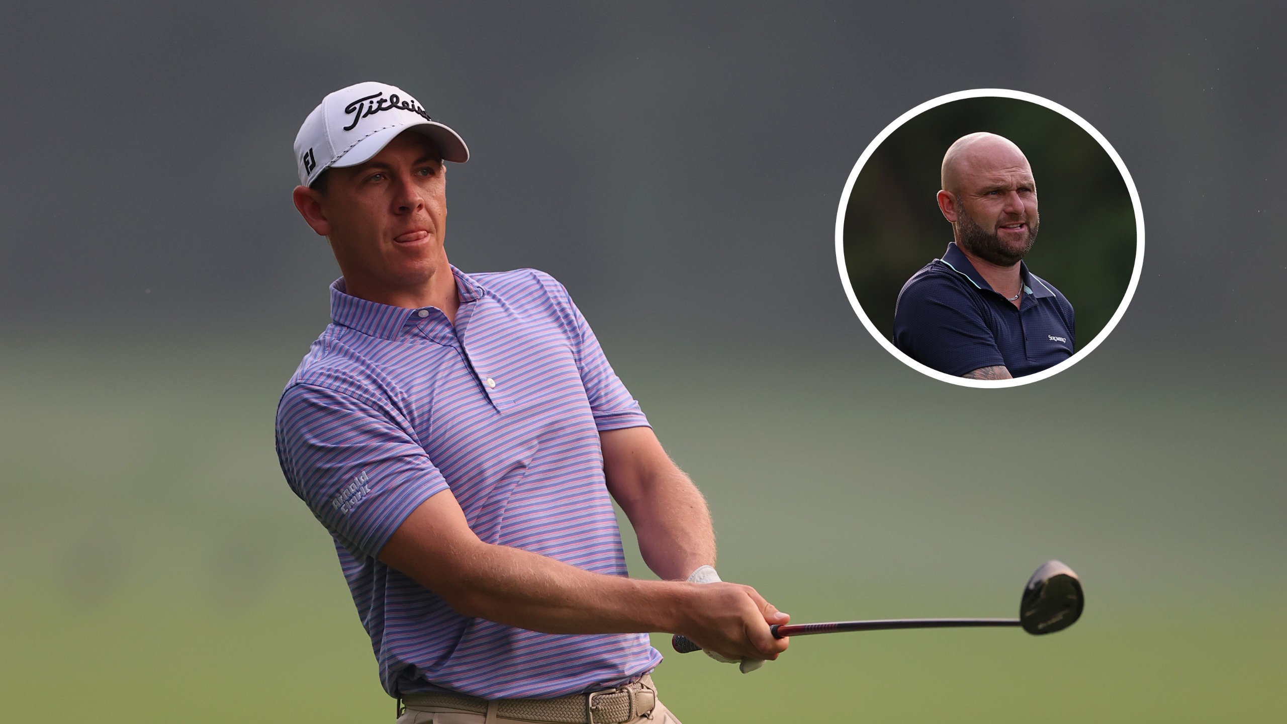 Main image of Grant Forrest after hitting a shot during round one of the 2026 DP World India Championship and inset headshot (top right) of Andy Sullivan