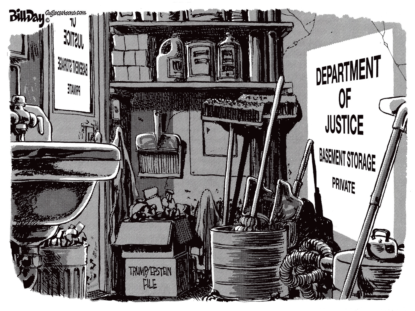 This cartoon is drawn in gray, without color. It depicts a basement storage room at the Department of Justice. It is filled with cleaning supplies, mops, a sink, a vacuum cleaner, and a box labeled &amp;ldquo;Trump/Epstein File.&amp;rdquo;