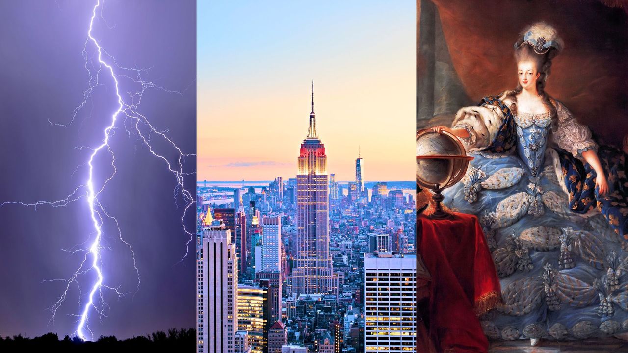 4 pictures of &#039;facts&#039; that are actually myths. L-R: A lightning bolt, the Empire State Building and Marie Antoinette