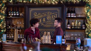 Katie Findlay and Jordan Fisher in Hallmark's The 5-Year Christmas Party