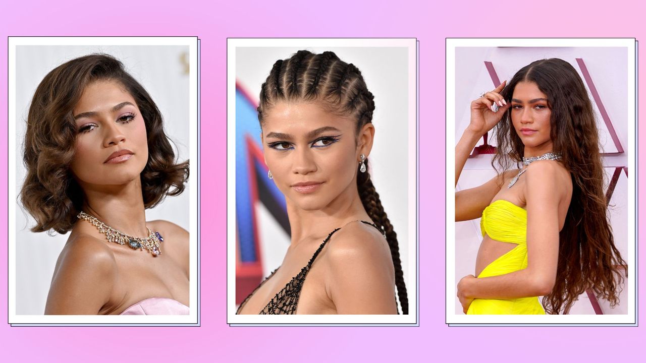 Zendaya&#039;s Hair: Zendaya pictured with a bob, braids and waist-length waves in a purple and pink template