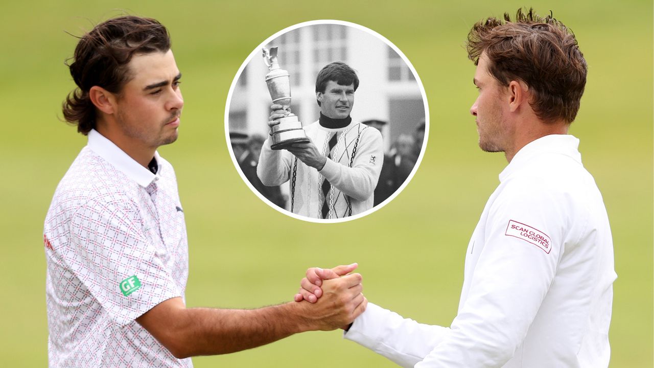 Jacob Skov Olesen shakes Rasmus Hojgaard&#039;s hand after round two of the 2024 Open Championship at Royal Troon - Inset photo shows Sir Nick Faldo lifting the Claret Jug in 1987 at Muirfield