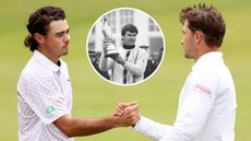 Jacob Skov Olesen shakes Rasmus Hojgaard's hand after round two of the 2024 Open Championship at Royal Troon - Inset photo shows Sir Nick Faldo lifting the Claret Jug in 1987 at Muirfield