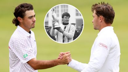 Jacob Skov Olesen shakes Rasmus Hojgaard's hand after round two of the 2024 Open Championship at Royal Troon - Inset photo shows Sir Nick Faldo lifting the Claret Jug in 1987 at Muirfield