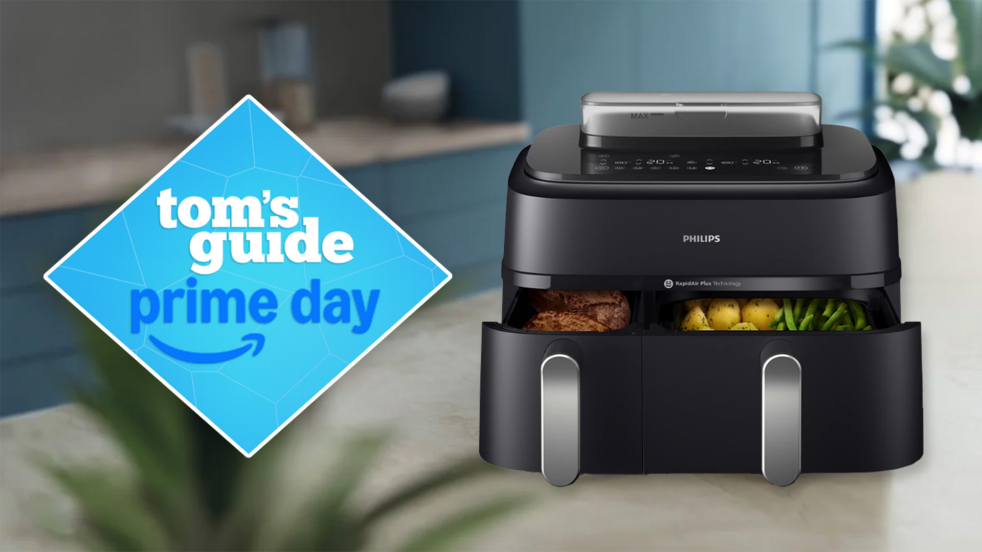Philips 5000 Dual Basket Air Fryer product shot with Tom's Guide Prime Day badge overlaid