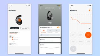 three screenshots from the JBL app showing custom EQ, touch controls, and the app homepage