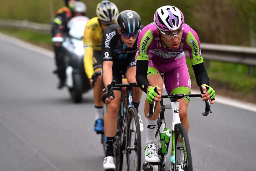 NOKERE BELGIUM MARCH 16 Enrico Battaglin of Italy and Team Bardiani Csf Faizane competes in the breakaway during the 76th Danilith Nokere Koerse 2022 Mens Elite a 1898km one day race from Deinze to Nokere NokereKoerse DNK22 on March 16 2022 in Nokere Belgium Photo by Luc ClaessenGetty Images