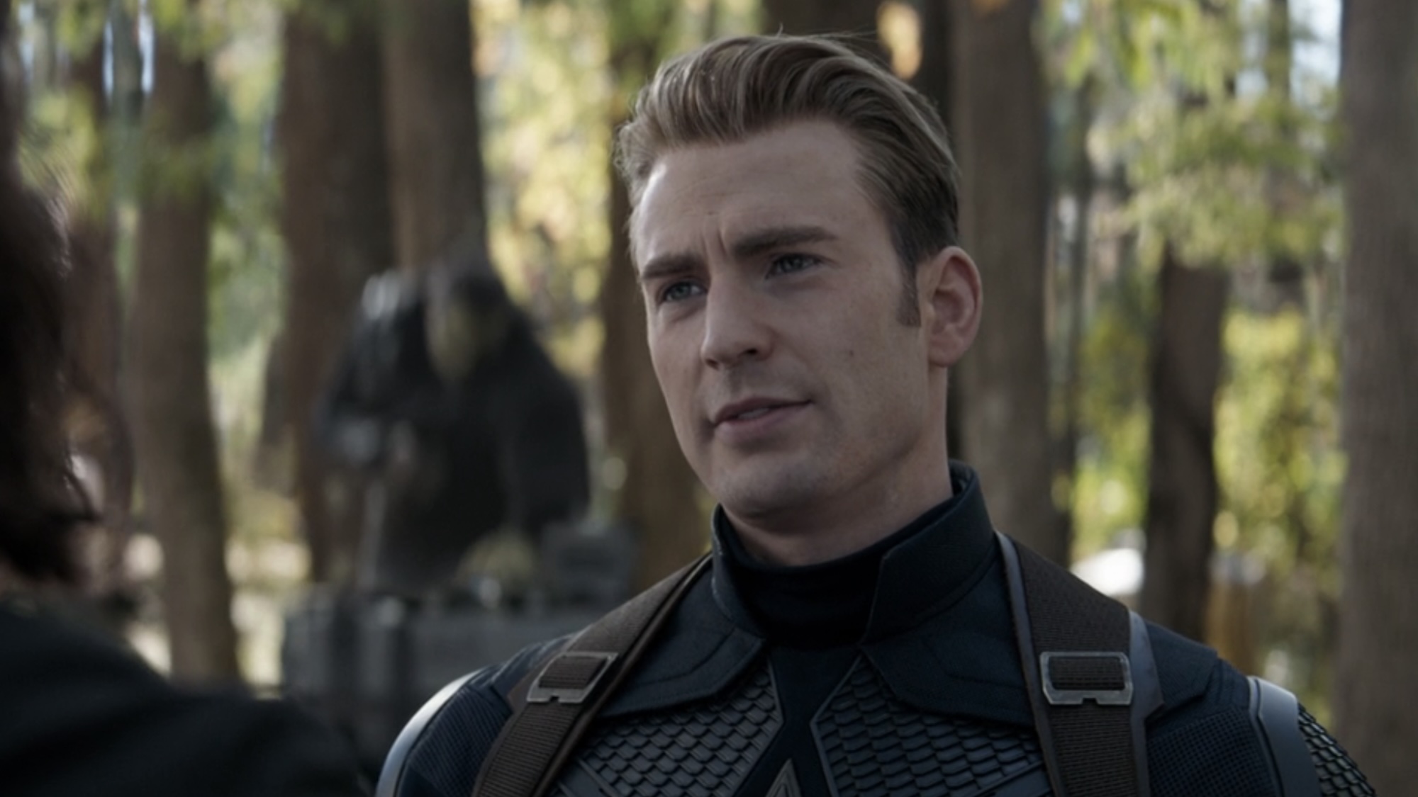Cap in his suit talking to Bucky before returning the Infinity Stones in Endgame.