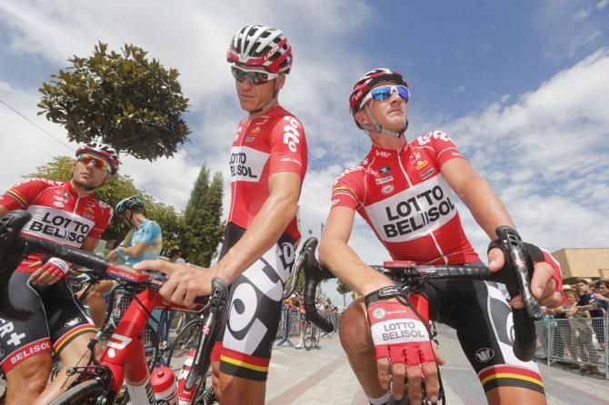 Lotto riders arrive for the start of stage 7