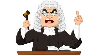 A vector graphic of an angry judge with his gavel