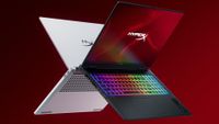 HyperX Omen Max 16 gaming laptops in black and white on a red background