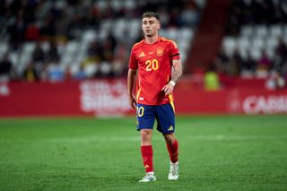 Alberto Moleiro of Spain U21 looks on during the International Friendly match between Spain U21 and Denmark U21 at Estadio Carlos Belmonte on November 19, 2024 in Albacete, Spain.