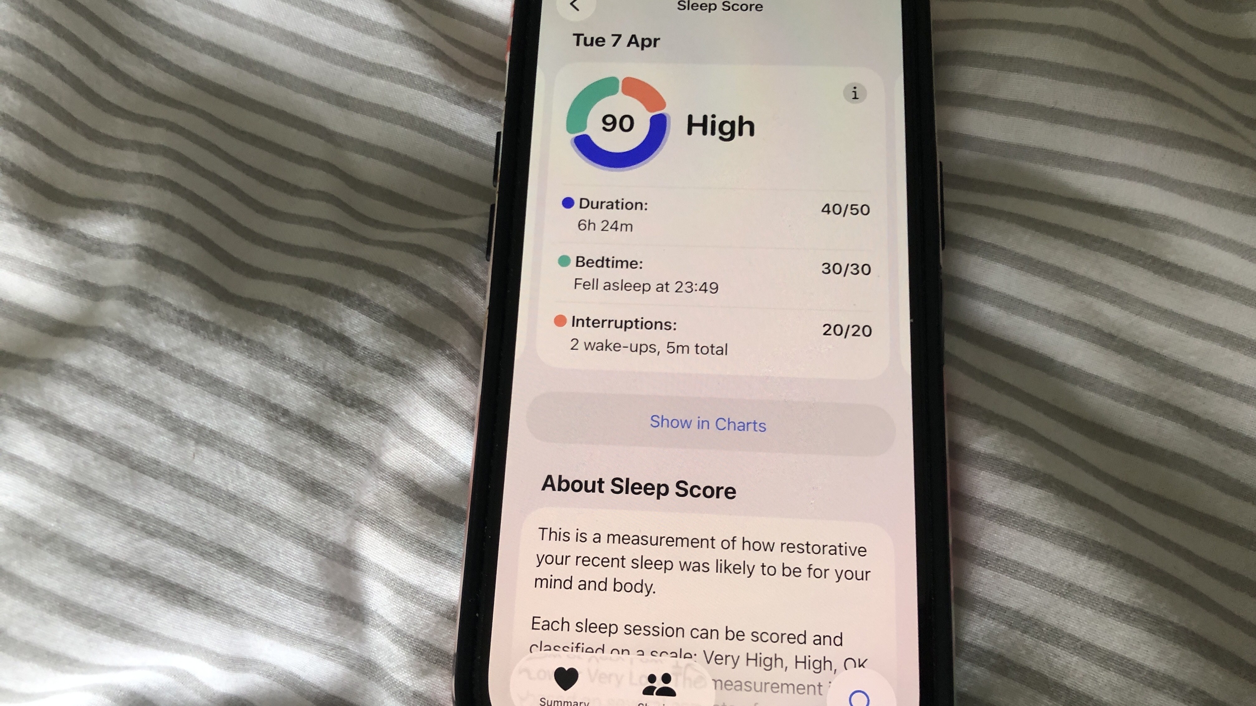 An iPhone 15 shows a sleep score for Tuesday April 7.