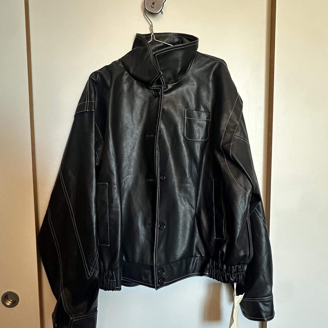 Black Leather Bomber Jacket With White Stitching...