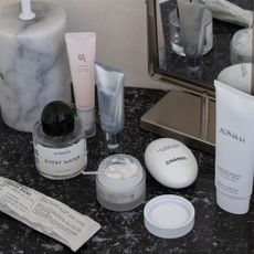Beauty products on a vanity