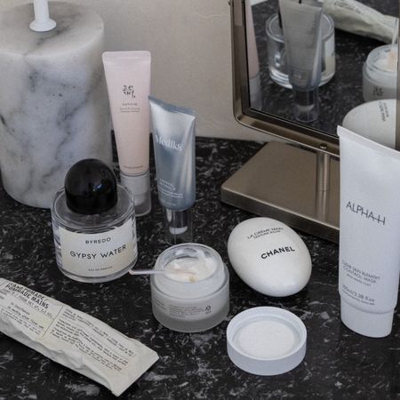Beauty products on a vanity