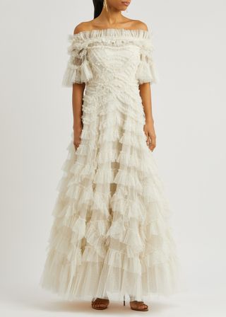 Lana Off-The-Shoulder Ruffled Tulle Gown