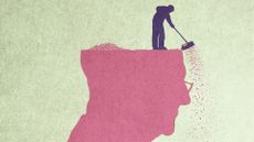 an illustration with the silhouette of an older man, with a smaller silhouette of a man sweeping bits of dust off the top of the older man's head