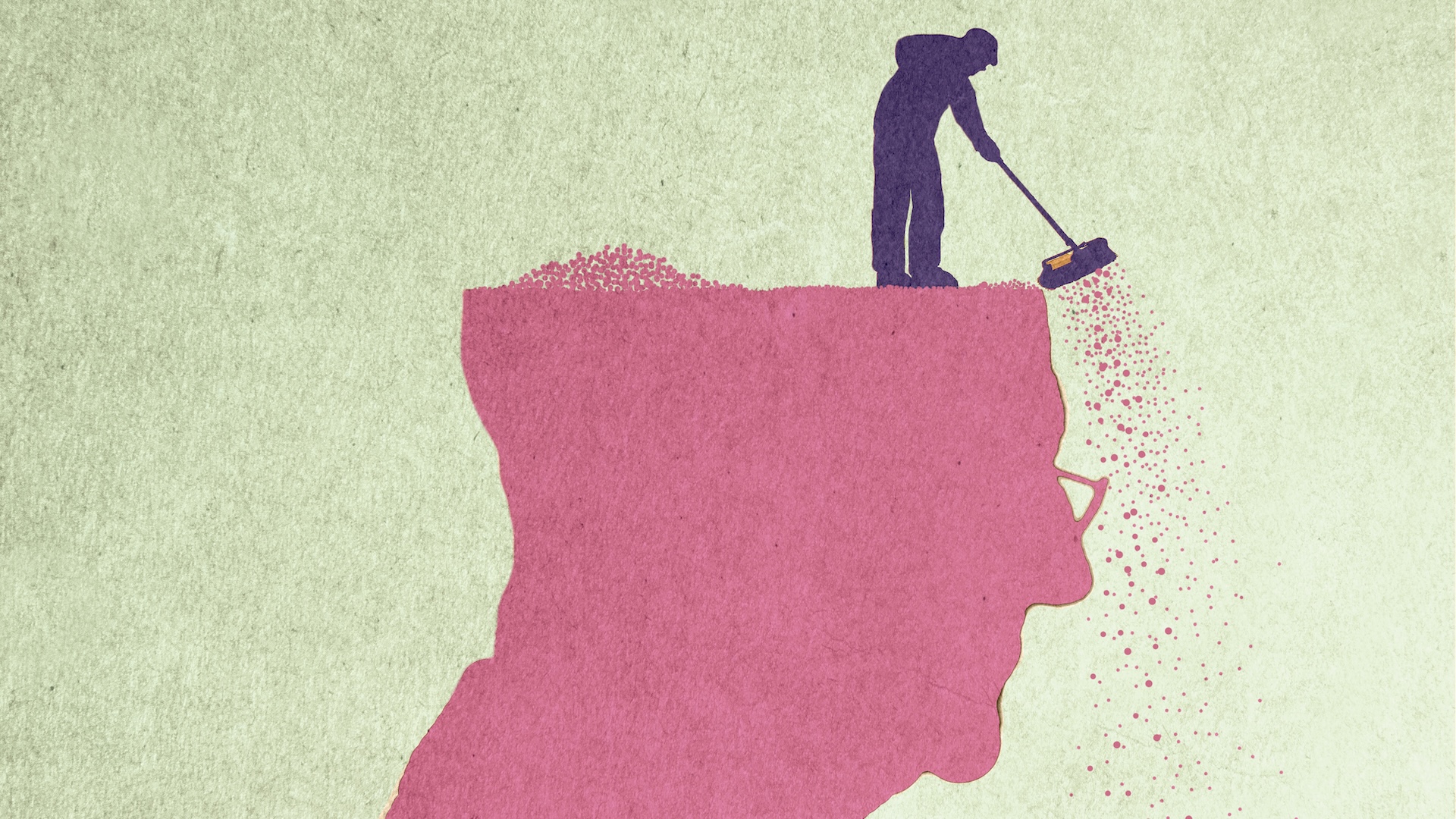 an illustration with the silhouette of an older man, with a smaller silhouette of a man sweeping bits of dust off the top of the older man's head